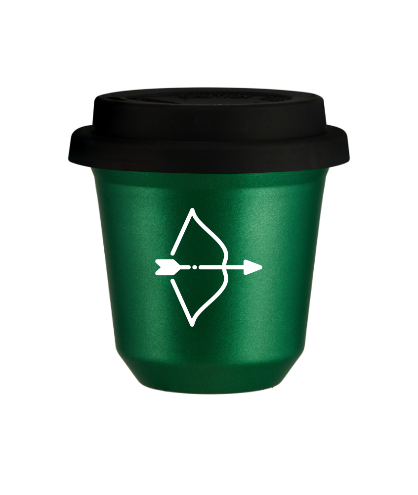 Tasse 80 ml VERT MÉTALLIQUE "Sagittaire (blanc)", avec couvercle noir