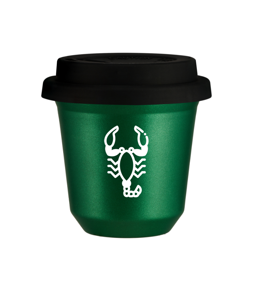 Tasse 80 ml VERT MÉTALLIQUE "Scorpion (blanc)", avec couvercle noir Tasse 80 ml VERT MÉTALLIQUE "Scorpion (blanc)", avec couvercle noir