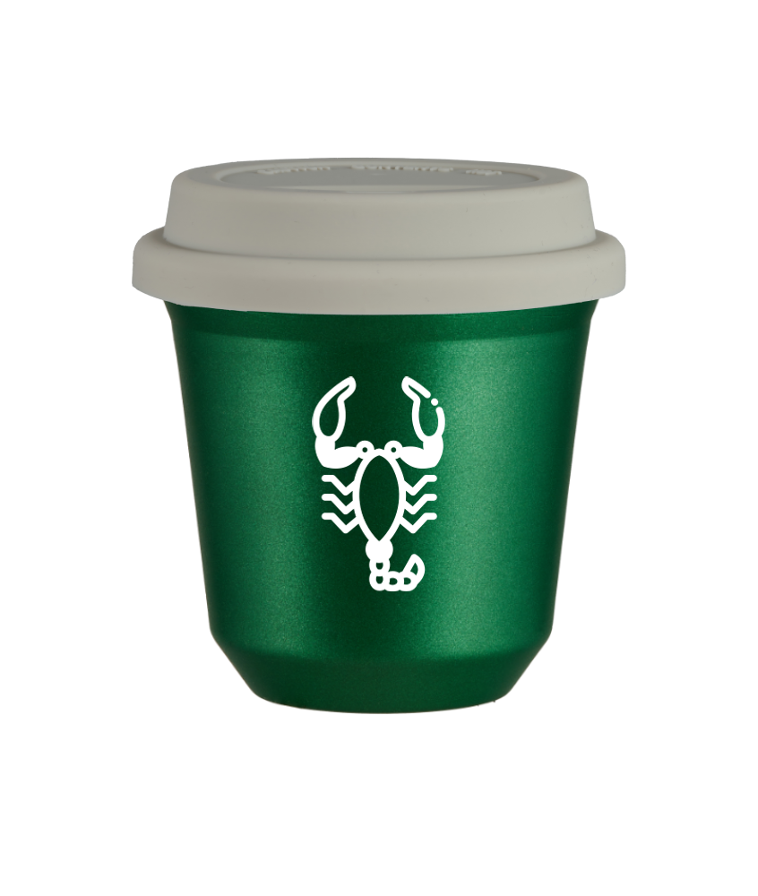 Tasse 80 ml VERT MÉTALLIQUE "Scorpion (blanc)", avec couvercle blanc Tasse 80 ml VERT MÉTALLIQUE "Scorpion (blanc)", avec couvercle blanc