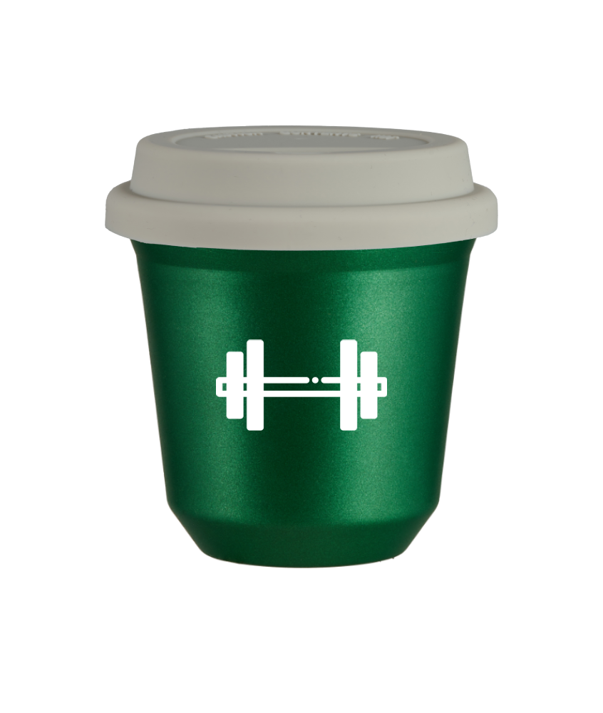 Tasse 80 ml VERT MÉTALLIQUE "Haltère (blanc)", avec couvercle blanc Tasse 80 ml VERT MÉTALLIQUE "Haltère (blanc)", avec couvercle blanc