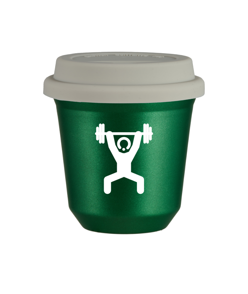 Tasse 80 ml VERT MÉTALLIQUE "Homme fort 1 (blanc)", avec couvercle blanc