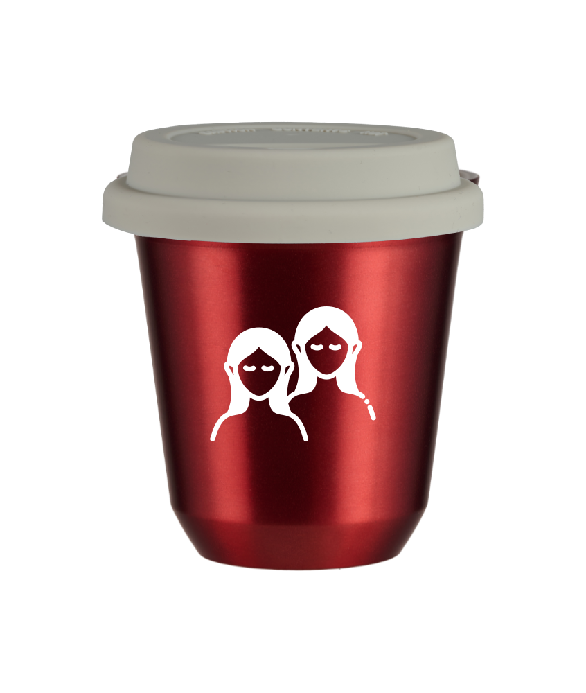 Tasse 80 ml ROUGE MÉTALLIQUE "Gémeaux (blanc)", avec couvercle blanc Tasse 80 ml ROUGE MÉTALLIQUE "Gémeaux (blanc)", avec couvercle blanc
