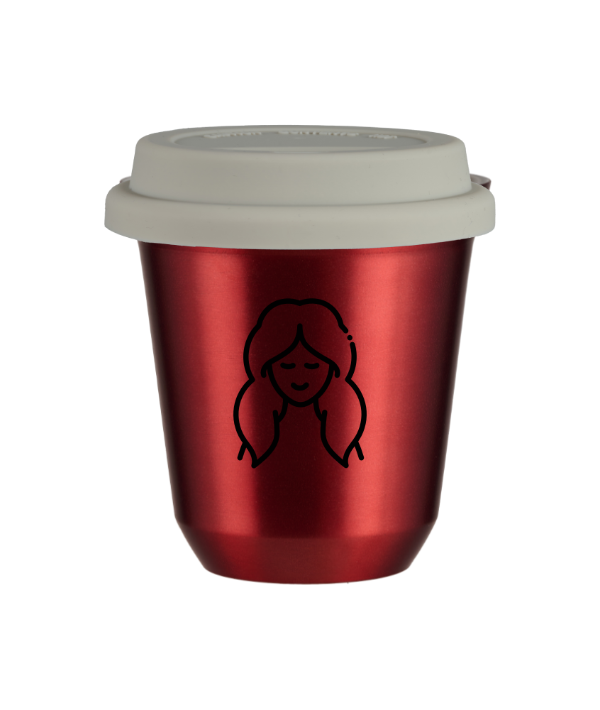 Tasse 80 ml ROUGE MÉTALLIQUE "Vierge (noir)", avec couvercle blanc Tasse 80 ml ROUGE MÉTALLIQUE "Vierge (noir)", avec couvercle blanc