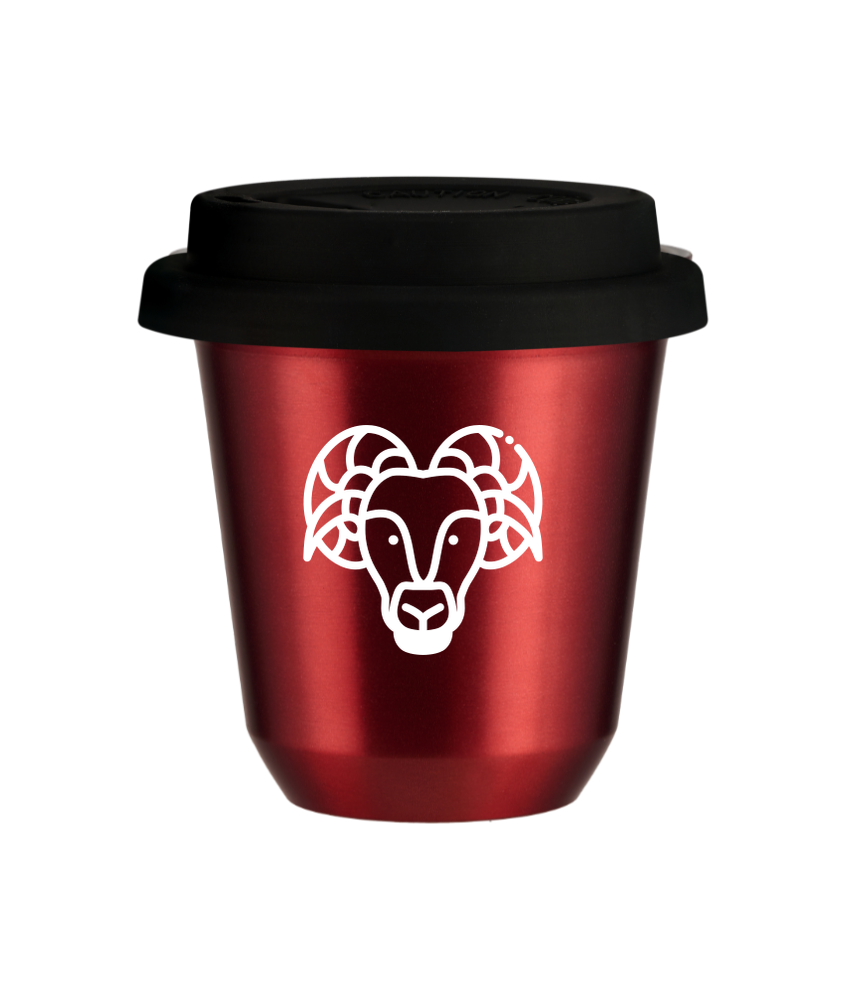 Tasse 80 ml ROUGE MÉTALLIQUE "Bélier (blanc)", avec couvercle noir