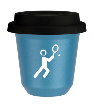 Tasse 80 ml BLEU CLAIR MÉTALLIQUE "Tennis 1 (blanc)", avec couvercle noir Tasse 80 ml BLEU CLAIR MÉTALLIQUE "Tennis 1 (blanc)", avec couvercle noir