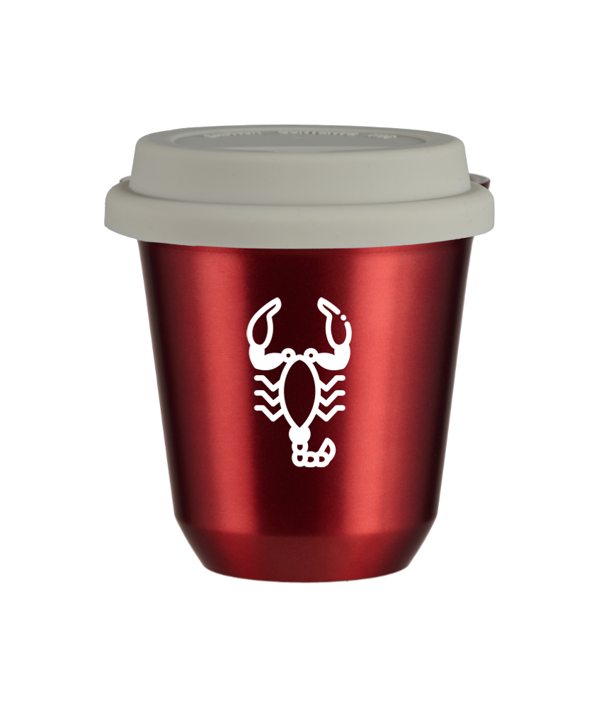 Tasse 80 ml ROUGE MÉTALLIQUE "Scorpion (blanc)", avec couvercle blanc