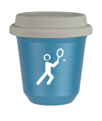 Tasse 80 ml BLEU CLAIR MÉTALLIQUE "Tennis 1 (blanc)", avec couvercle blanc Tasse 80 ml BLEU CLAIR MÉTALLIQUE "Tennis 1 (blanc)", avec couvercle blanc