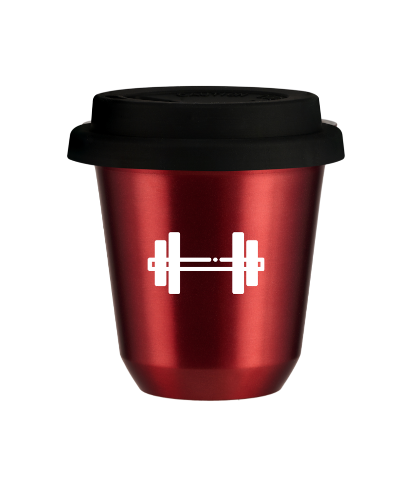 Tasse 80 ml ROUGE MÉTALLIQUE "Haltère (blanc)", avec couvercle noir Tasse 80 ml ROUGE MÉTALLIQUE "Haltère (blanc)", avec couvercle noir