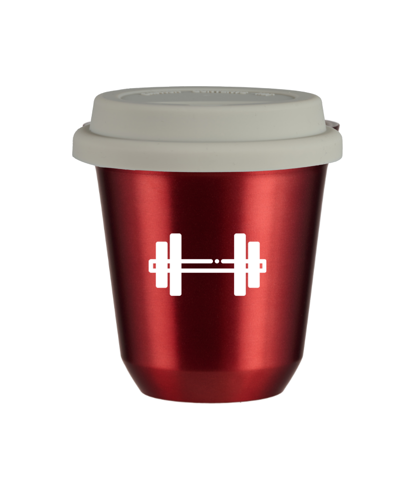 Tasse 80 ml ROUGE MÉTALLIQUE "Haltère (blanc)", avec couvercle blanc Tasse 80 ml ROUGE MÉTALLIQUE "Haltère (blanc)", avec couvercle blanc