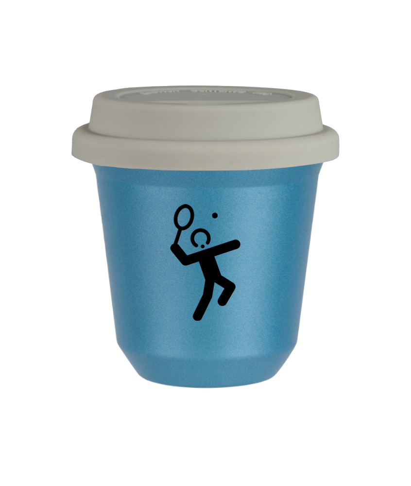 Tasse 80 ml BLEU CLAIR MÉTALLIQUE "Tennis 2", avec couvercle blanc