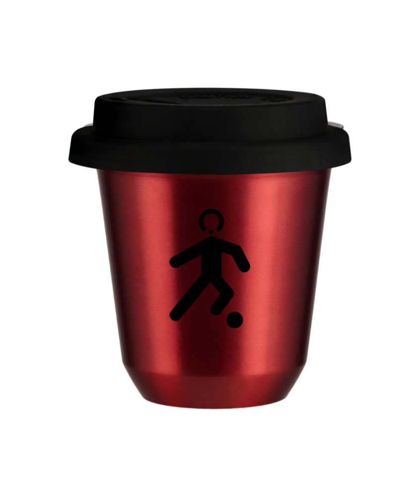 Tasse 80 ml ROUGE MÉTALLIQUE "Football (noir)", avec couvercle noir Tasse 80 ml ROUGE MÉTALLIQUE "Football (noir)", avec couvercle noir