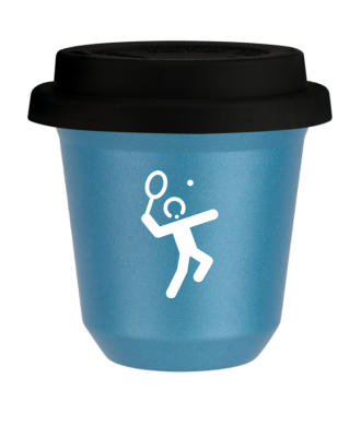 Tasse 80 ml BLEU CLAIR MÉTALLIQUE "Tennis 2 (blanc)", avec couvercle noir Tasse 80 ml BLEU CLAIR MÉTALLIQUE "Tennis 2 (blanc)", avec couvercle noir