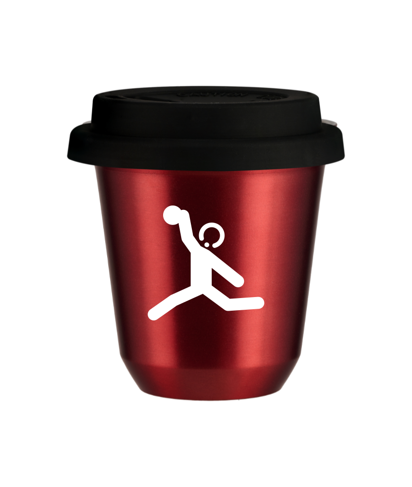 Tasse 80 ml ROUGE MÉTALLIQUE "Lancer du disque (blanc)", avec couvercle noir
