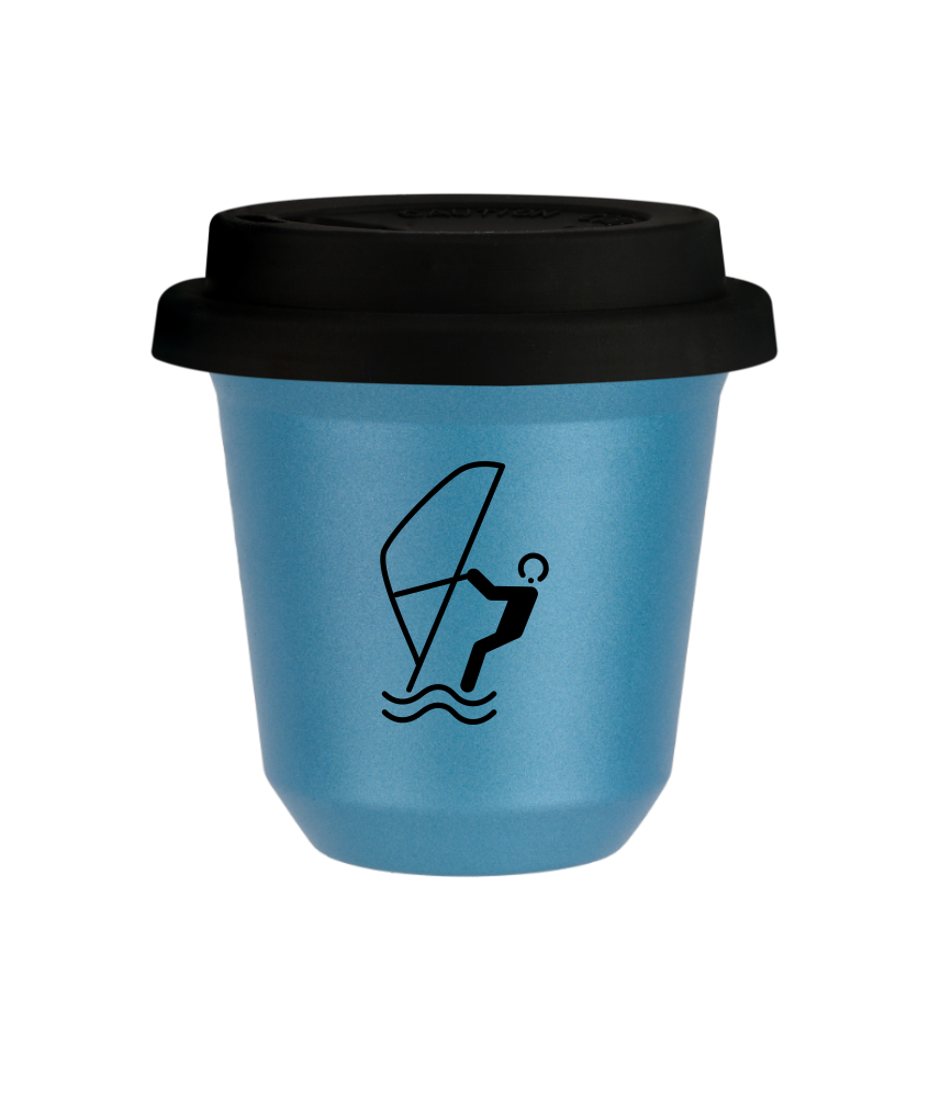 Tasse 80 ml BLEU CLAIR MÉTALLIQUE "Sports nautiques", avec couvercle noir