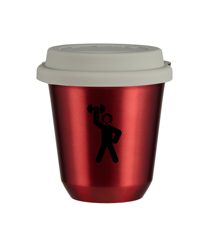 Tasse 80 ml ROUGE MÉTALLIQUE "Homme fort 2", avec couvercle blanc Tasse 80 ml ROUGE MÉTALLIQUE "Homme fort 2", avec couvercle blanc