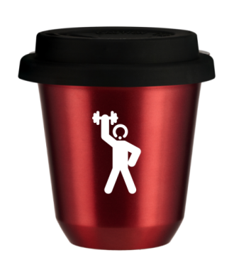 Tasse 80 ml ROUGE MÉTALLIQUE "Homme fort 2 (blanc)", avec couvercle noir Tasse 80 ml ROUGE MÉTALLIQUE "Homme fort 2 (blanc)", avec couvercle noir