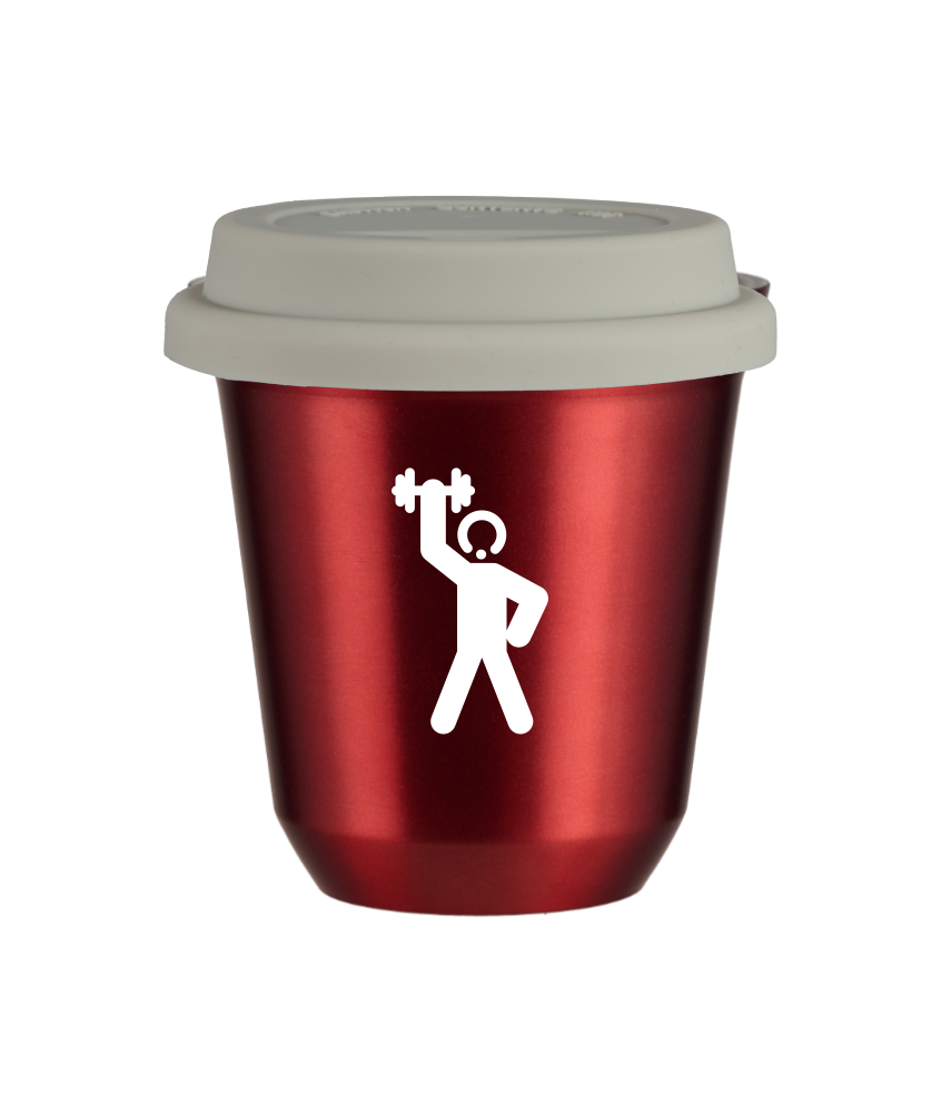 Tasse 80 ml ROUGE MÉTALLIQUE "Homme fort 2 (blanc)", avec couvercle blanc Tasse 80 ml ROUGE MÉTALLIQUE "Homme fort 2 (blanc)", avec couvercle blanc