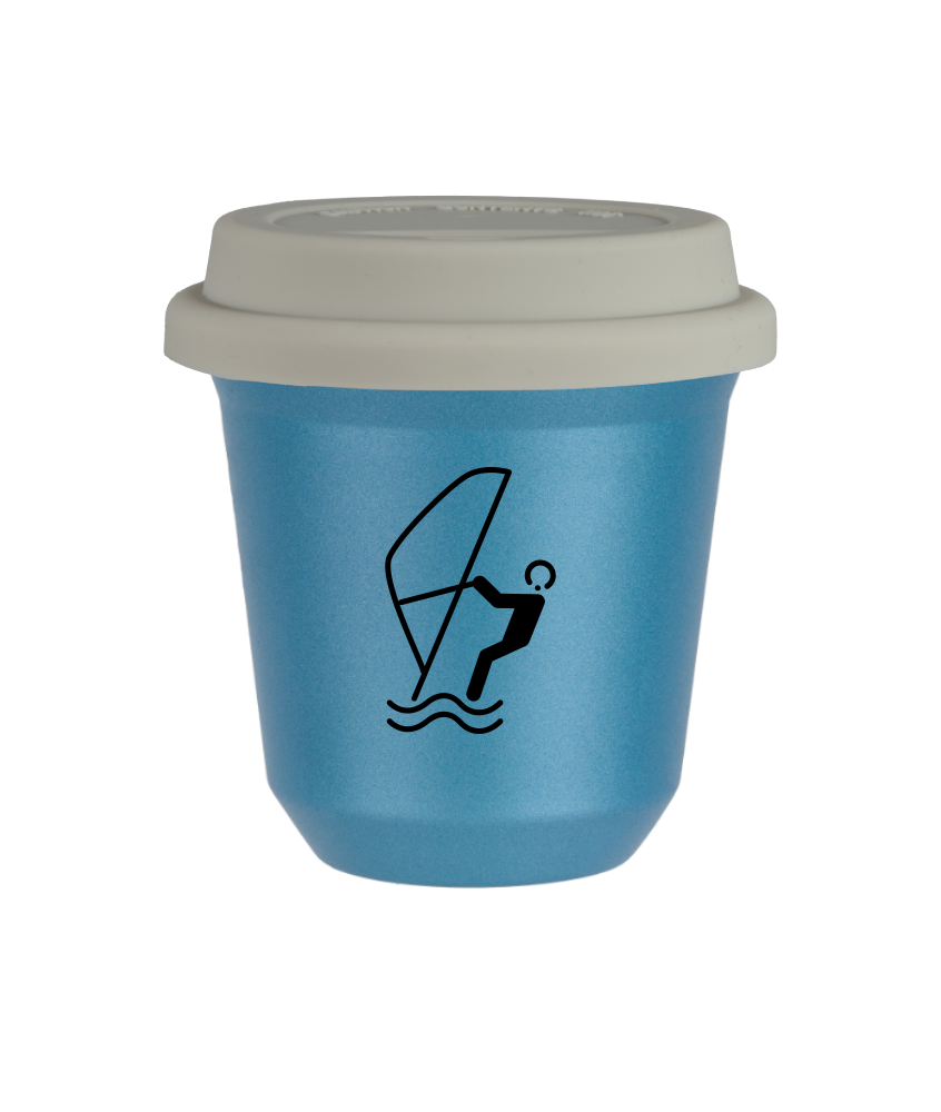 Tasse 80 ml BLEU CLAIR MÉTALLIQUE "Sports nautiques", avec couvercle blanc