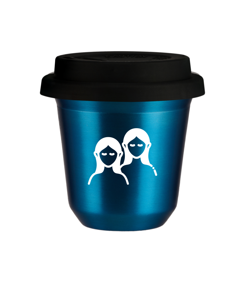 Tasse 80 ml BLEU MÉTALLIQUE "Gémeaux (blanc)", avec couvercle noir Tasse 80 ml BLEU MÉTALLIQUE "Gémeaux (blanc)", avec couvercle noir