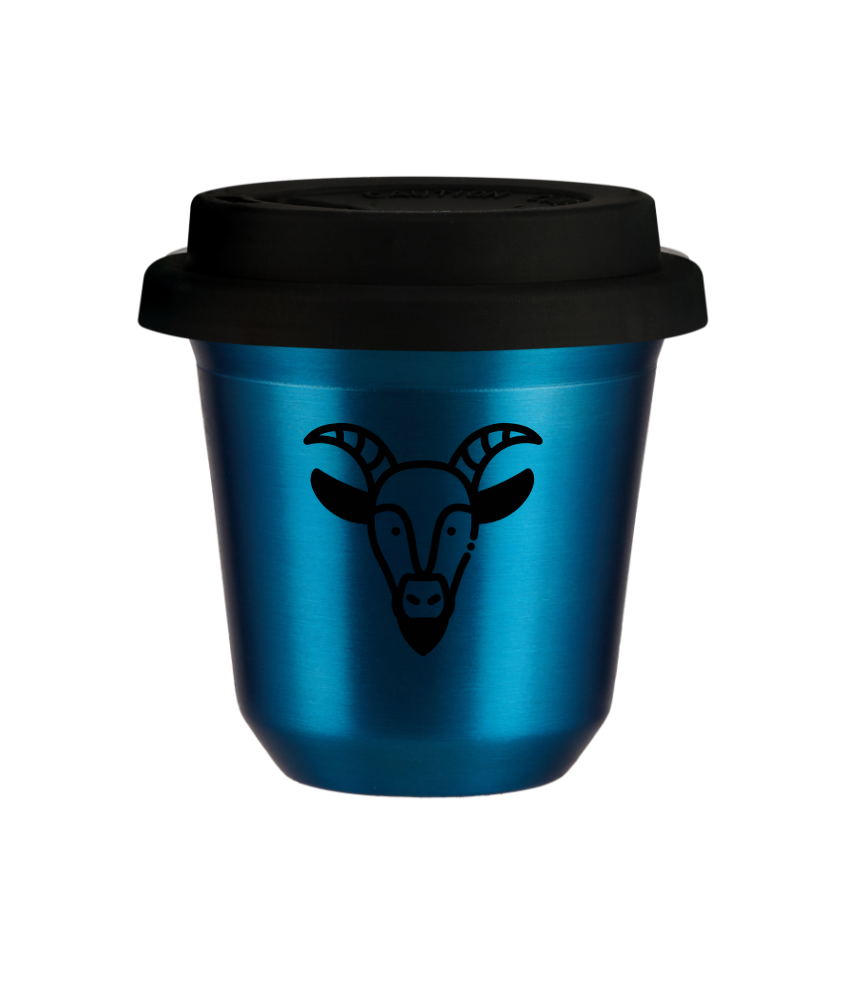 Tasse 80 ml BLEU MÉTALLIQUE "Capricorne", avec couvercle noir Tasse 80 ml BLEU MÉTALLIQUE "Capricorne", avec couvercle noir