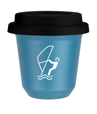 Tasse 80 ml BLEU CLAIR MÉTALLIQUE "Sports nautiques (blanc)", avec couvercle noir Tasse 80 ml BLEU CLAIR MÉTALLIQUE "Sports nautiques (blanc)", avec couvercle noir