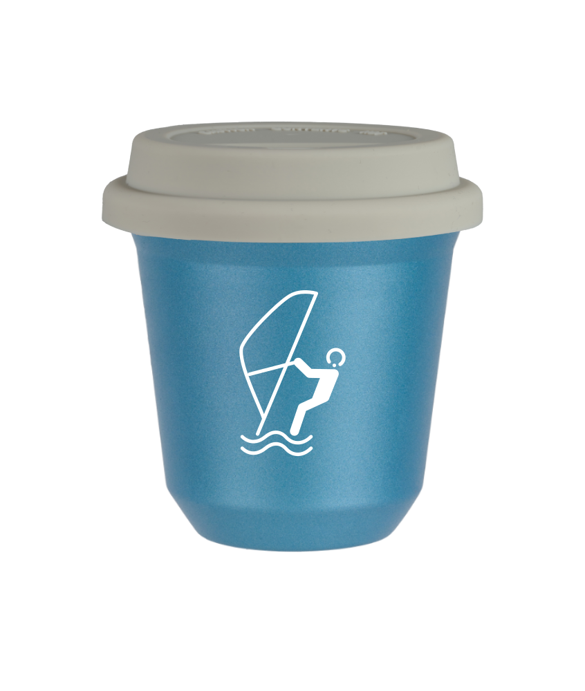 Tasse 80 ml BLEU CLAIR MÉTALLIQUE "Sports nautiques (blanc)", avec couvercle blanc