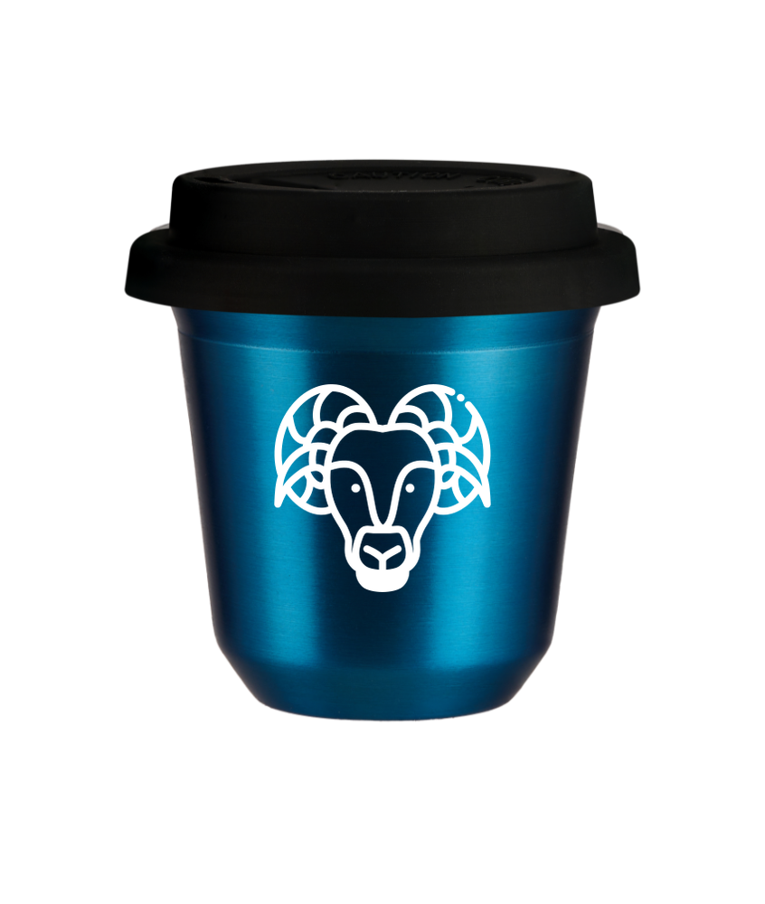 Tasse 80 ml BLEU MÉTALLIQUE "Bélier (blanc)", avec couvercle noir Tasse 80 ml BLEU MÉTALLIQUE "Bélier (blanc)", avec couvercle noir