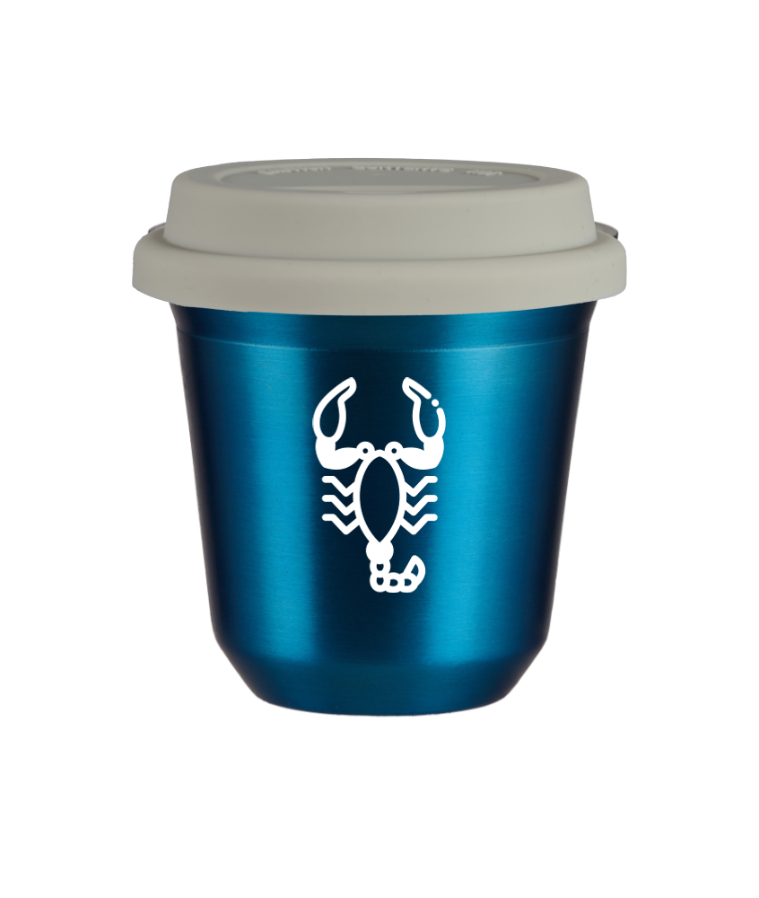 Tasse 80 ml BLEU MÉTALLIQUE "Scorpion (blanc)", avec couvercle blanc