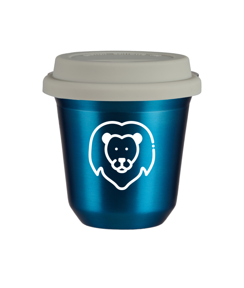 Tasse 80 ml BLEU MÉTALLIQUE "Lion (blanc)", avec couvercle blanc Tasse 80 ml BLEU MÉTALLIQUE "Lion (blanc)", avec couvercle blanc