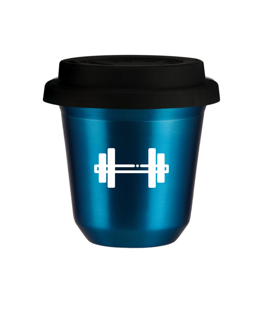 Tasse 80 ml BLEU MÉTALLIQUE "Haltère (blanc)", avec couvercle noir