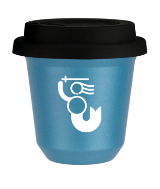 Tasse 80 ml BLEU CLAIR MÉTALLIQUE "WARSZAWSKA SYRENKA (blanc)", avec couvercle noir Tasse 80 ml BLEU CLAIR MÉTALLIQUE "WARSZAWSKA SYRENKA (blanc)", avec couvercle noir