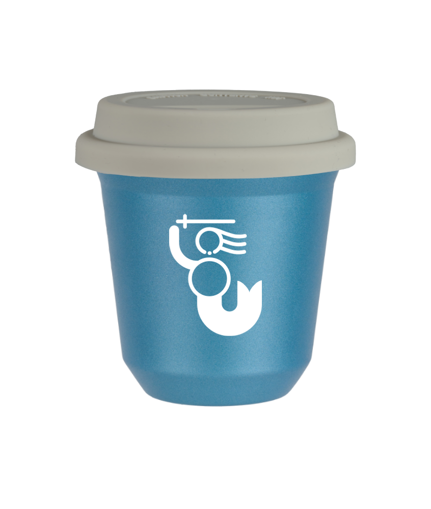 Tasse 80 ml BLEU CLAIR MÉTALLIQUE "WARSZAWSKA SYRENKA (blanc)", avec couvercle blanc