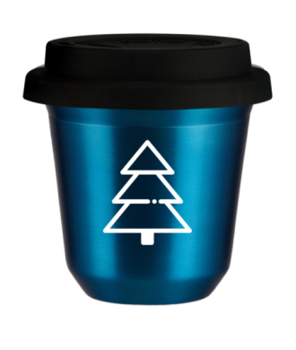 Tasse 80 ml BLEU MÉTALLIQUE "Sapin de Noël (blanc)", avec couvercle noir Tasse 80 ml BLEU MÉTALLIQUE "Sapin de Noël (blanc)", avec couvercle noir