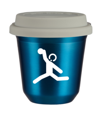 Tasse 80 ml BLEU MÉTALLIQUE "Lancer du disque (blanc)", avec couvercle blanc Tasse 80 ml BLEU MÉTALLIQUE "Lancer du disque (blanc)", avec couvercle blanc