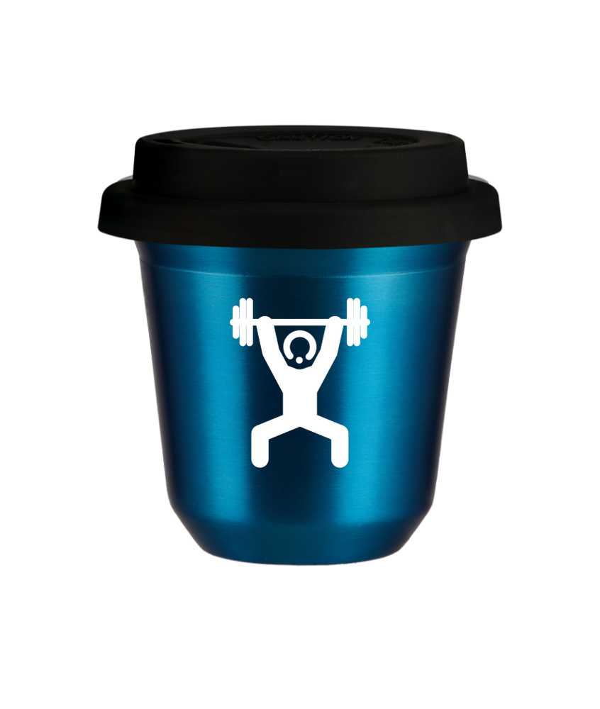 Tasse 80 ml BLEU MÉTALLIQUE "Homme fort 1 (blanc)", avec couvercle noir Tasse 80 ml BLEU MÉTALLIQUE "Homme fort 1 (blanc)", avec couvercle noir