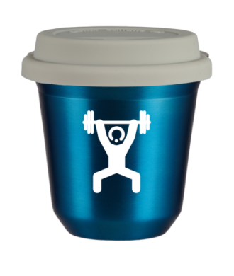 Tasse 80 ml BLEU MÉTALLIQUE "Homme fort 1 (blanc)", avec couvercle blanc Tasse 80 ml BLEU MÉTALLIQUE "Homme fort 1 (blanc)", avec couvercle blanc