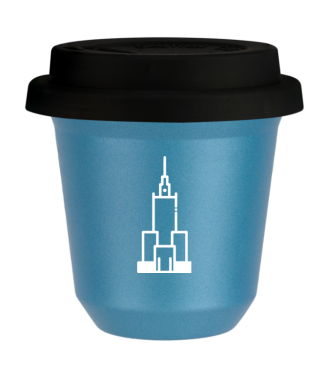 Tasse 80 ml BLEU CLAIR MÉTALLIQUE "Pałac kultury i nauki (blanc)", avec couvercle noir Tasse 80 ml BLEU CLAIR MÉTALLIQUE "Pałac kultury i nauki (blanc)", avec couvercle noir