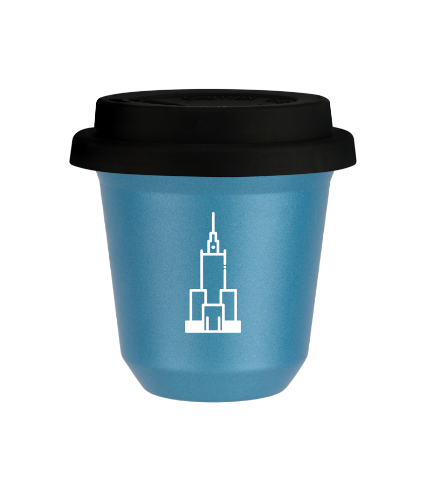 Tasse 80 ml BLEU CLAIR MÉTALLIQUE "Pałac kultury i nauki (blanc)", avec couvercle noir