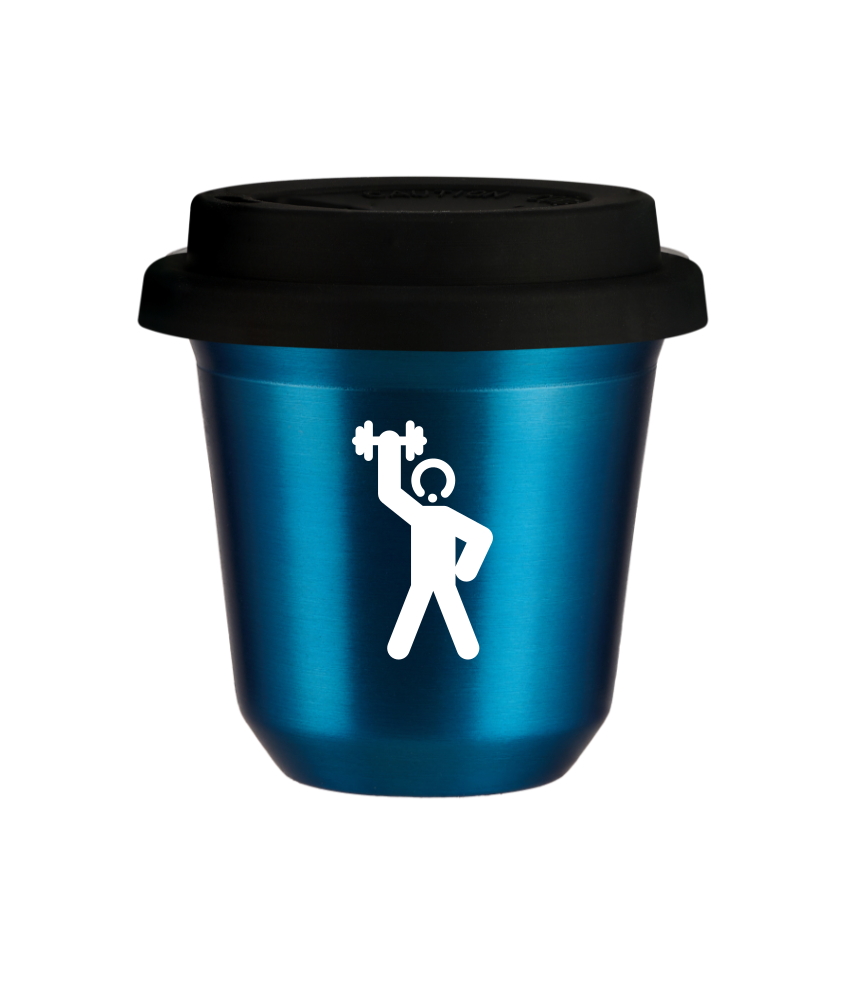 Tasse 80 ml BLEU MÉTALLIQUE "Homme fort 2 (blanc)", avec couvercle noir
