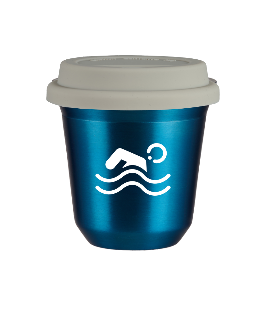 Tasse 80 ml BLEU MÉTALLIQUE "Natation (blanc)", avec couvercle blanc