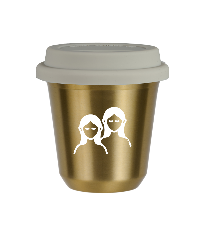 Tasse 80 ml OR "Gémeaux (blanc)", avec couvercle blanc
