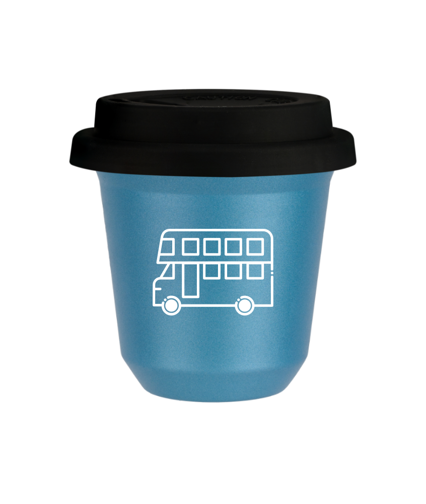 Tasse 80 ml BLEU CLAIR MÉTALLIQUE "Bus (blanc)", avec couvercle noir