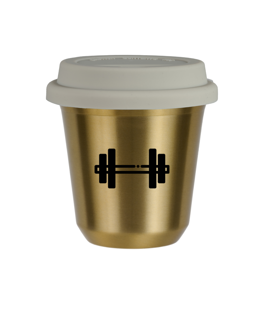 Tasse 80 ml OR "Haltère", avec couvercle blanc Tasse 80 ml OR "Haltère", avec couvercle blanc