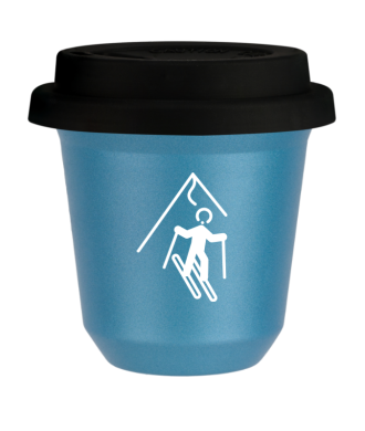 Tasse 80 ml BLEU CLAIR MÉTALLIQUE "Ski (blanc)", avec couvercle noir Tasse 80 ml BLEU CLAIR MÉTALLIQUE "Ski (blanc)", avec couvercle noir