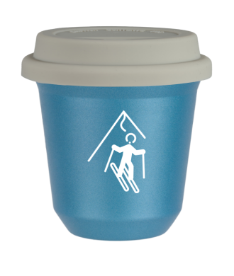 Tasse 80 ml BLEU CLAIR MÉTALLIQUE "Ski (blanc)", avec couvercle blanc Tasse 80 ml BLEU CLAIR MÉTALLIQUE "Ski (blanc)", avec couvercle blanc