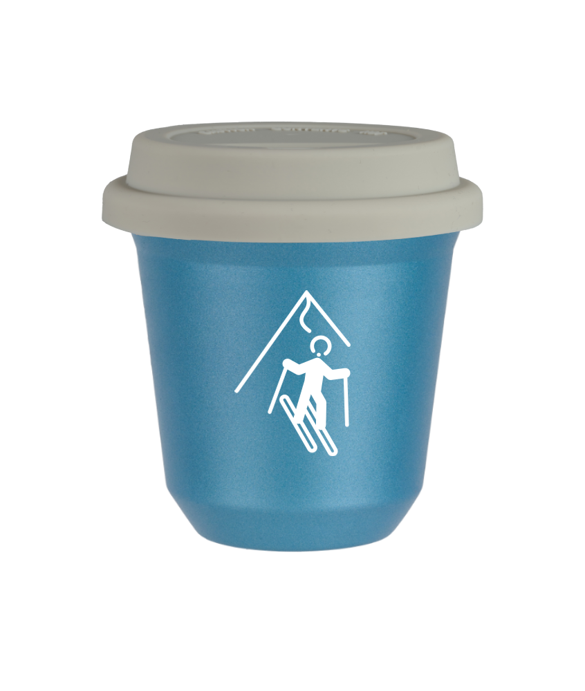 Tasse 80 ml BLEU CLAIR MÉTALLIQUE "Ski (blanc)", avec couvercle blanc