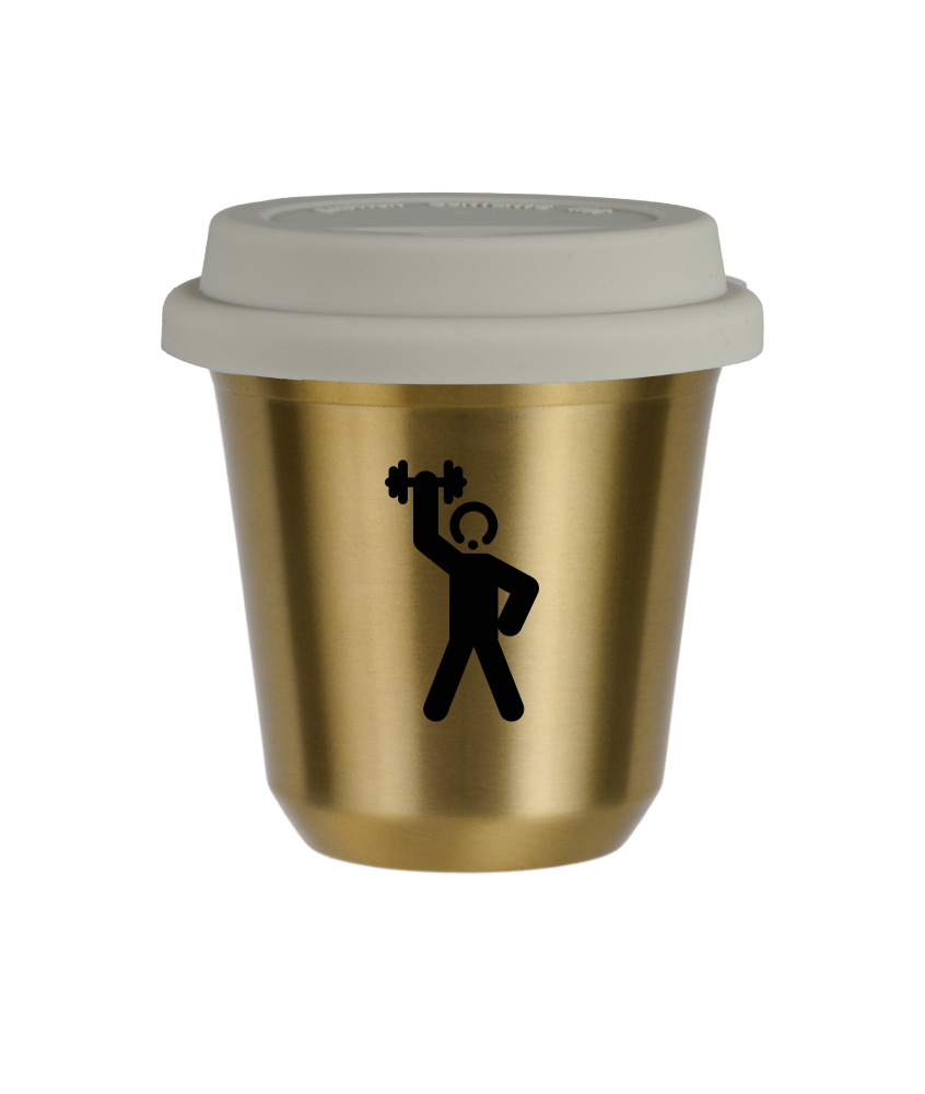 Tasse 80 ml OR "Homme fort 2 (noir)", avec couvercle blanc Tasse 80 ml OR "Homme fort 2 (noir)", avec couvercle blanc