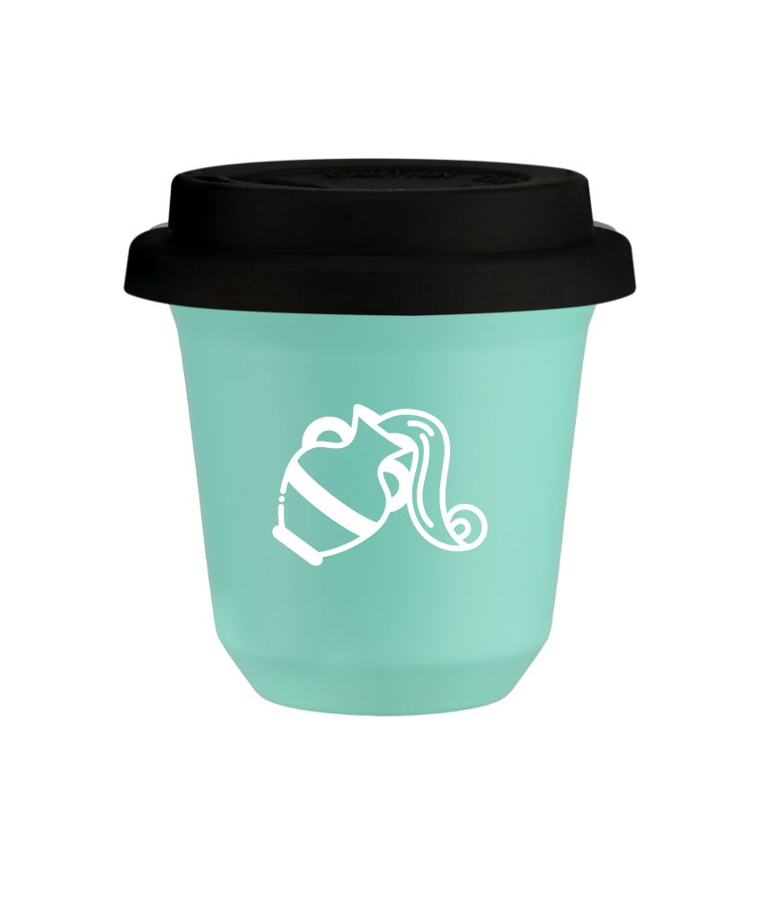 Tasse 80 ml TURQUOISE "Verseau (blanc)", avec couvercle noir