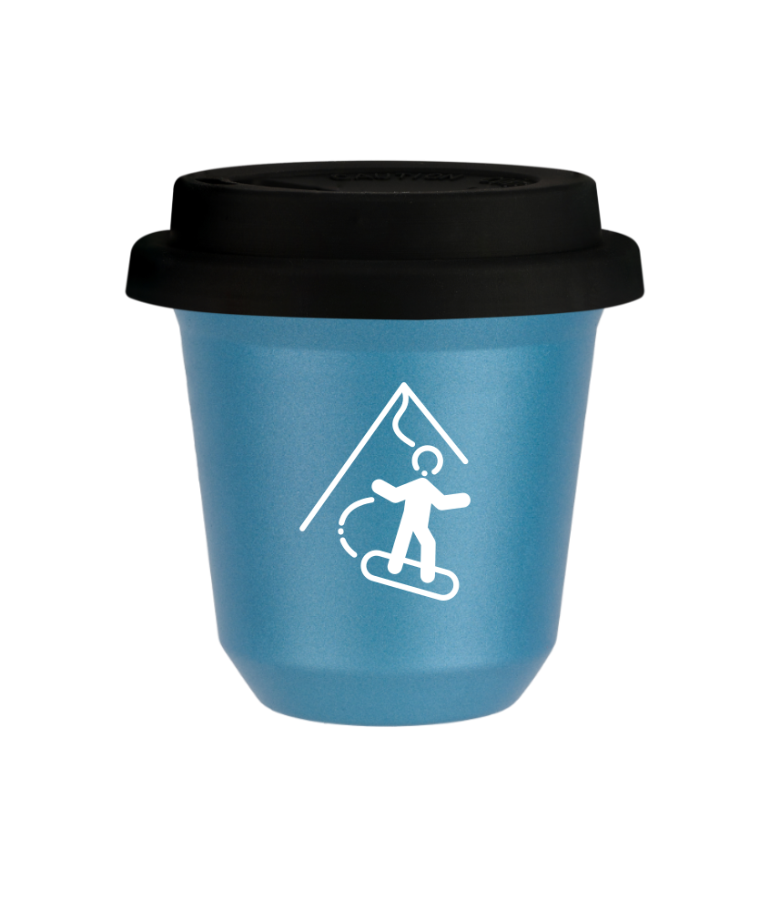 Tasse 80 ml BLEU CLAIR MÉTALLIQUE "Snowboard (blanc)", avec couvercle noir