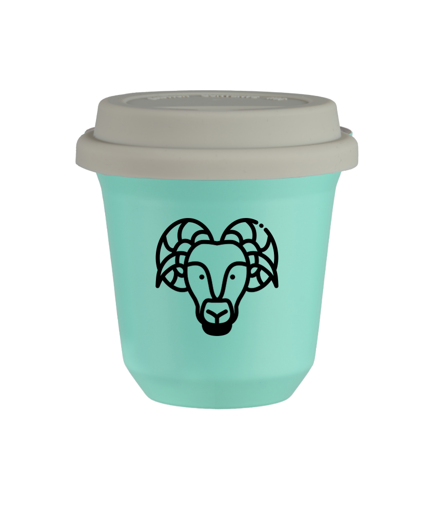 Tasse 80 ml TURQUOISE "Bélier (noir)", avec couvercle blanc